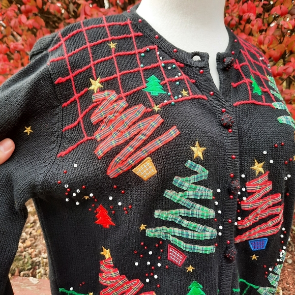 Vintage Ugly Christmas Sweater Tartan Plaid Trees Button Down Cardigan Holiday - Picture 6 of 13